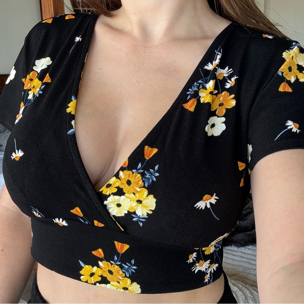 Divided Floral Black Crop Top Tie Back